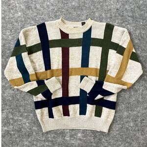 Grandpa sweater Retro knit Structure Y2K pullover beige striped mens large